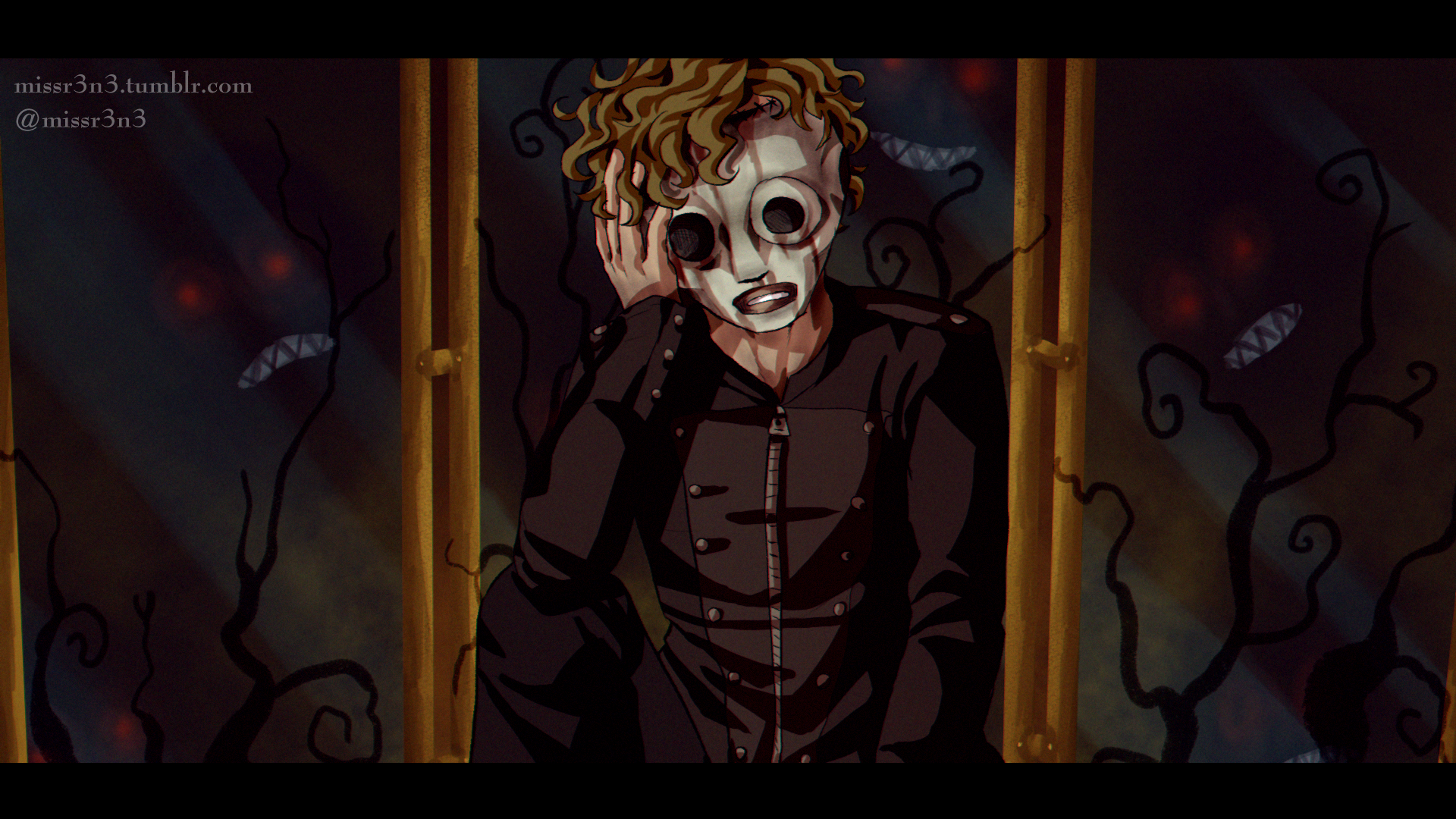 a drawing of corey taylor in his all hope is gone mask in front of several mirrors